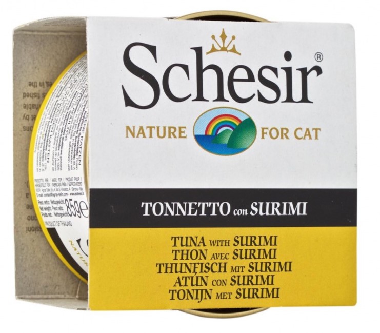 Schesir, 85 გრ. სველი საკვები ზრდასრული კატებისთვის, თინუსითა და სურიმით