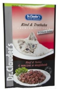 Dr. Clauder, სველი საკვები ზრდასრული კატებისთვის, საქონლისა და ინდაურის ხორცით, 100 გრ
