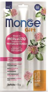 Monge, 15 გრ. კატის სასუსნაო რბილი ჩხირები ჯანმრთელი კანისთვის, ვირთევზის ხორცითა და წითელი სამყურათი,