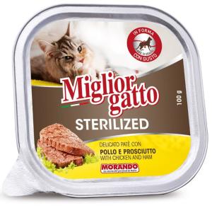 Morando, Sterilized,100 გრ. სველი საკვები სტერილიზებული კატებისთვის, ქათმის ხორცით და ლორით