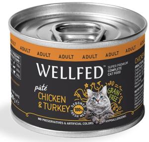 WELLFED, სველი საკვები ზრდასრული კატებისთვის, ქათმისა და ინდაურის ხორცით, 200 გრ