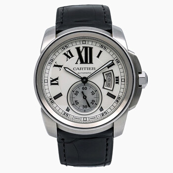42 mm  Calibre De Cartier Silver Dial Black Leather Watch W7100037
