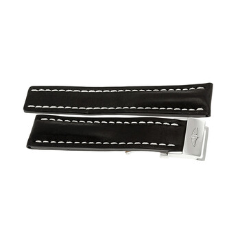 Black Leather Strap with White Stitching and a Stainless Steel Folding Buckle 2220mm