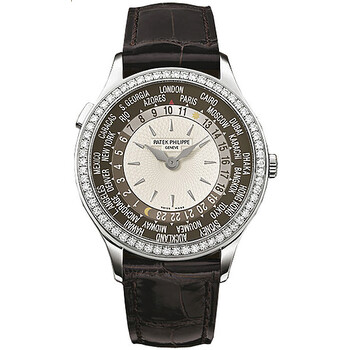Brown and Ivory Dial 18kt White Gold Diamond Brown Leather Watch 7130G001