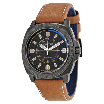 CTO EcoDrive Black Dial Khaki Leather Strap Watch BJ647500E