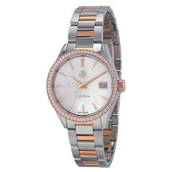 Carrera White Mother of Pearl Dial Stainless Steel and 18kt Rose Gold Watch WAR1353.BD0774