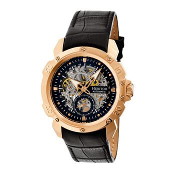 Carter Rose Goldtone Stainless Steel Case Black Skeleton Dial Black Leather Watch HR2506