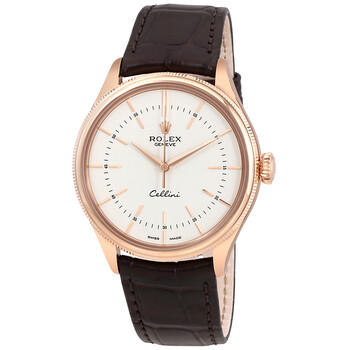 Cellini Automatic White Lacquer Dial Brown Tobacco Leather Watch 50505WSL