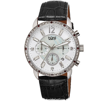 Crystal Chronograph Black Leather Mother of Pearl Dial Watch BUR089BK
