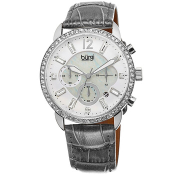 Crystal Chronograph Grey Leather Mother of Pearl Dial Watch BUR089GY