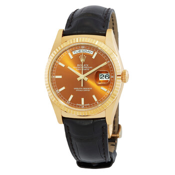 Day Date Cognac Dial 18K Yellow Gold Leather Watch 118138COL