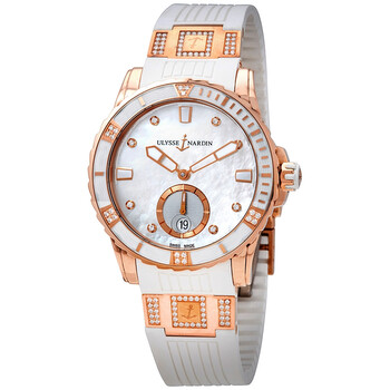 Diver 18kt Rose Gold White Mother of Pearl Diamond Dial Automatic Watch 32021903C10.10