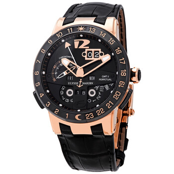 El Toro GMT Black Dial 18kt Rose Gold Black Leather Watch