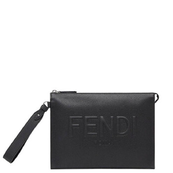 Embossed Logo Zipper Leather Clutch