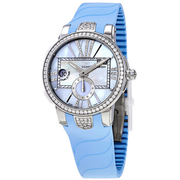 Executive Dual Time Automatic Blue Mother Of Pearl Diamond Dial Rubber Watch 24310B3C393