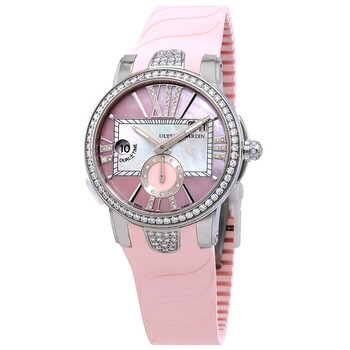 Executive Dual Time Automatic Pink Mother Of Pearl Diamond Dial Rubber Watch 24310B3C397