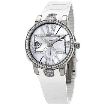 Executive Dual Time Automatic White Mother Of Pearl Diamond Dial Rubber Watch 24310B3C391