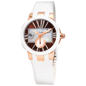 Executive Dual Time Lady 18kt Rose Gold and Ceramic Brown Dial Rubber Strap Automatic Watch