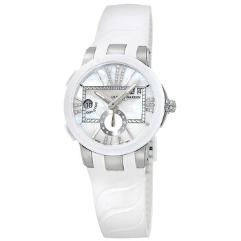 Executive Dual Time Mother of Pearl Diamond Dial Stainless Steel White Rubber Watch