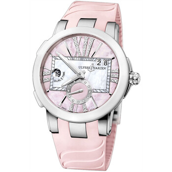 Executive Dual Time Pink Mother of Pearl Dial Stainless Steel Pink Rubber Watch