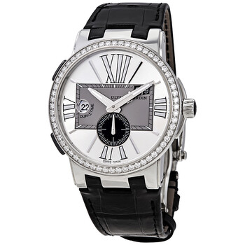 Executive Dual Time Silver Dial Diamond Bezel Black Leather Watch 24300B421