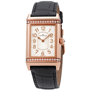 Grande Reverso Silver Dial 18kt Rose Gold Black Leather Watch Q3202421