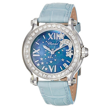 Happy Sport Blue MOP Dial Blue Leather Floating Diamond Moon Watch