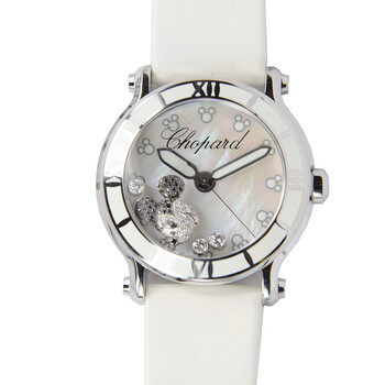 Happy Sport Diamond Mickey Mouse Mother of Pearl Dial White Satin Watch