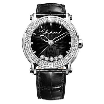 Happy Sport Round Diamond Black Dial Black Leather Watch