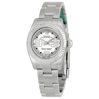 Lady Oyster Perpetual Silver Maxi Dial Fluted 18k White Gold Bezel Watch 176234SMAXI