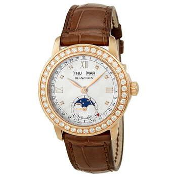 Leman Moonphase Mother of Pearl Dial 18kt Rose Gold Brown Leather Diamond Watch 23602991A55