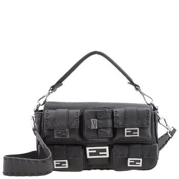 Multipocket Baguette Convertible Leather Bag In Black