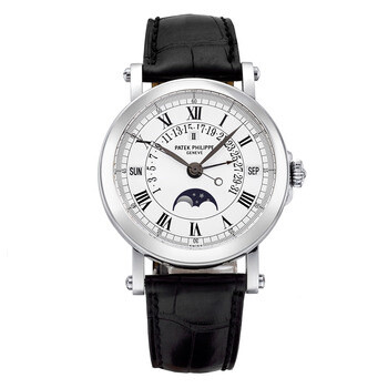 Perpetual Calendar Silver Dial 18kt White Gold Black Leather Watch 5059G