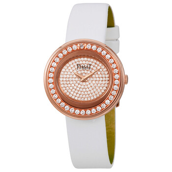 Possession Diamond Pave 18kt Rose Gold White Satin Watch GOA37189