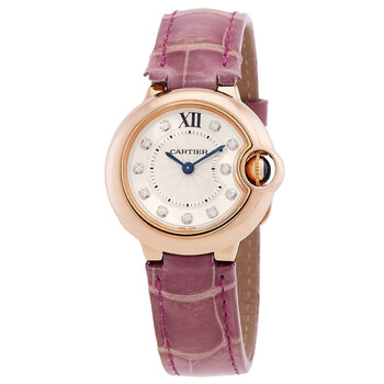 Preowned Cartier Ballon Bleu Silver Diamond Dial 18kt Rose Gold Purple Leather Watch WE902050