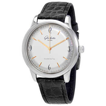 Preowned Glashutte Sixties Silver Dial Black Leather Watch