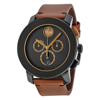 Preowned Movado Bold Chronograph Black Dial Cognac Leather Watch