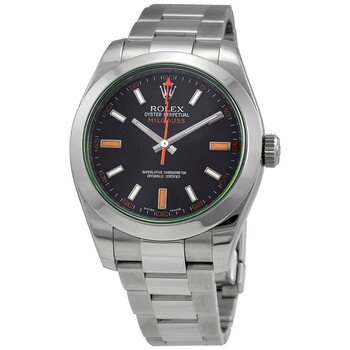 Preowned Rolex Milgauss Black Dial Domed Bezel Green Crystal Oyster Bracelet Watch 116400V