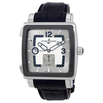 Quadrato Dual Time Silver Dial Black Leather Automatic Watch 24392CER601