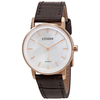 Quartz White Mother of Pearl Dial Brown Leather Watch EQ906304D