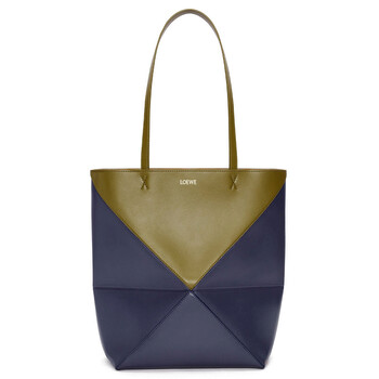 Shiny Calfskin Puzzle Fold Tote  OliveAbyss Blue