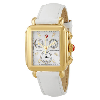Signature Deco White Mother of Pearl Dial Goldtone White Leather Watch MWW06P000032