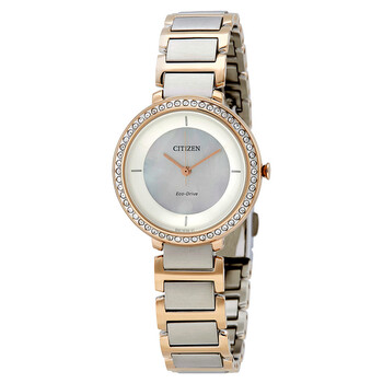 Silhouette Crystal White Mother of Pearl Dial Two Tone Watch EM048389D