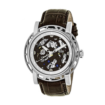 Stavros Black Skeleton Dial Brown Leather Watch RN3701