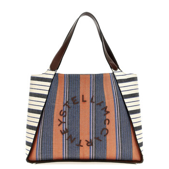 Striped Logo Embroidered Cotton Tote Bag