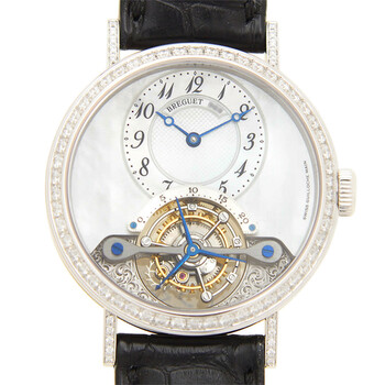 Tourbillon Mother of Pearl Dial 18kt White Gold Diamond Black Leather Watch 3358BB52986DD00