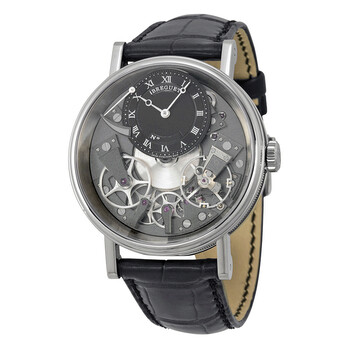 Tradition Black and Grey Skeleton Dial 18kt White Gold Black Leather Watch 7057BBG99W6