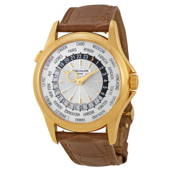 World Time Silver Dial 18kt Yellow Gold Brown Leather Watch 5130J