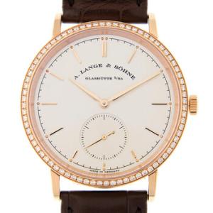 A Lange and Sohne Saxonia Rose Gold Diamond Brown Leather Watch