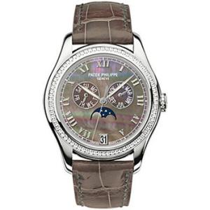 Black Mother of Pearl Dial 18kt White Gold Brown Leather Automatic Diamond Watch 4936G001